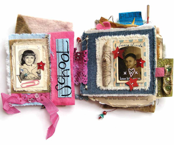 Create handmade paper books using treasures and scraps from your stash.