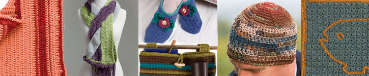 Discover all six patterns including hat, scarf, mat, blanket and walker bag pattern.