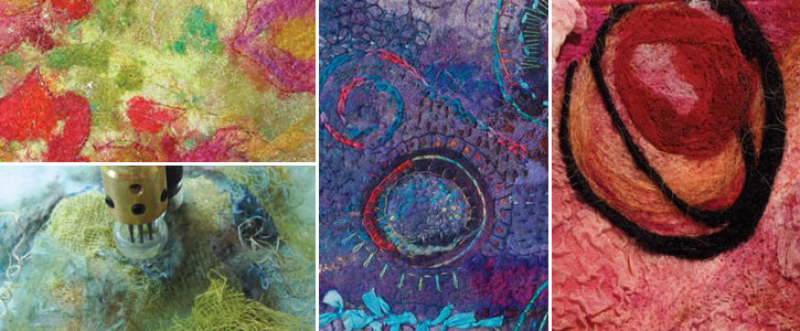 Learn how to needle felt using machine techniques to create quilt elements like these.
