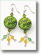 Lime Soda Earrings by Sara Richardson 5-Minute Wire Jewelry Swarovski crystals, easy wire wrapped loops, vintage bottle cap beads.
