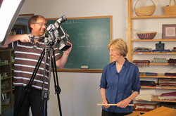 Handwoven editor Madelyn van der Hoogt filming a new weaving video.