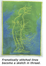 Frenetically stitched lines become a sketch in thread