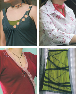 Projects from Customizing Cool Clothes. Clockwise from top left: Flower Tank, Beaded Flower Blouse, Pink Jewel Sweater, Glamorous Party Skirt. Projects from Customizing Cool Clothes. Clockwise from top left: Flower Tank, Beaded Flower Blouse, Pink Jewel Sweater, Glamorous Party Skirt.